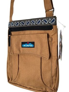Kavu Keeper Crossbody Tan Dessert SandBag with Paisley Patterned Trim